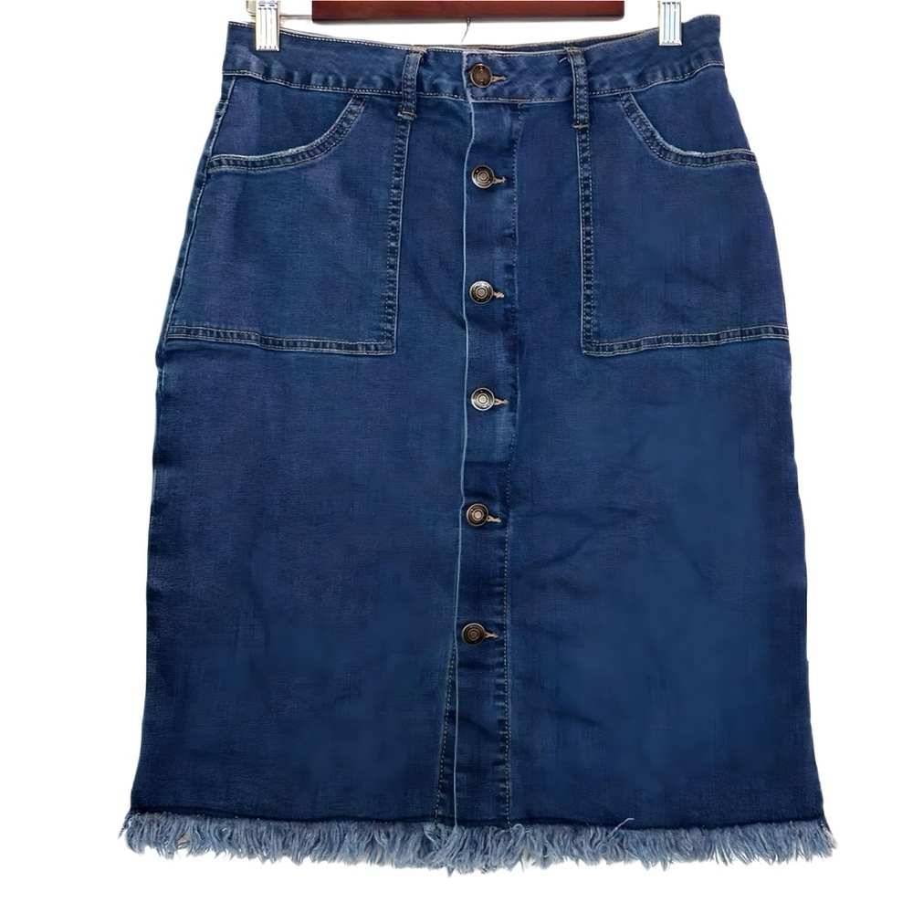 Elegant Indigo Combination Button and Zip- Down Jean Midi Skirt